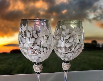 Rhinestone and silver rim Painted leaf Champagne Wine Glasses - gifts for her - gift for mom - Wedding Gifts - Painted Gift Ideas