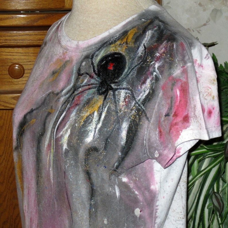 Hand Painted t shirt, Large Creepy Black Widow tee crawling on your shoulder, Funky Tie Dyed dripping Art Spider T shirt, gifts for teens image 1