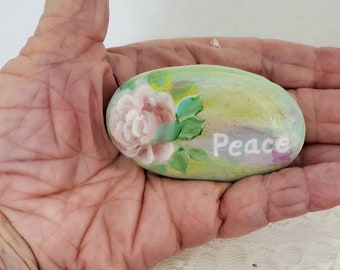 Painted Peace and Pink Rose Rock, Handmade Comfort Rock. Painted Peaceful Paperweight, Painted Word Rock, Painted Gift Ideas, Comfort Gift