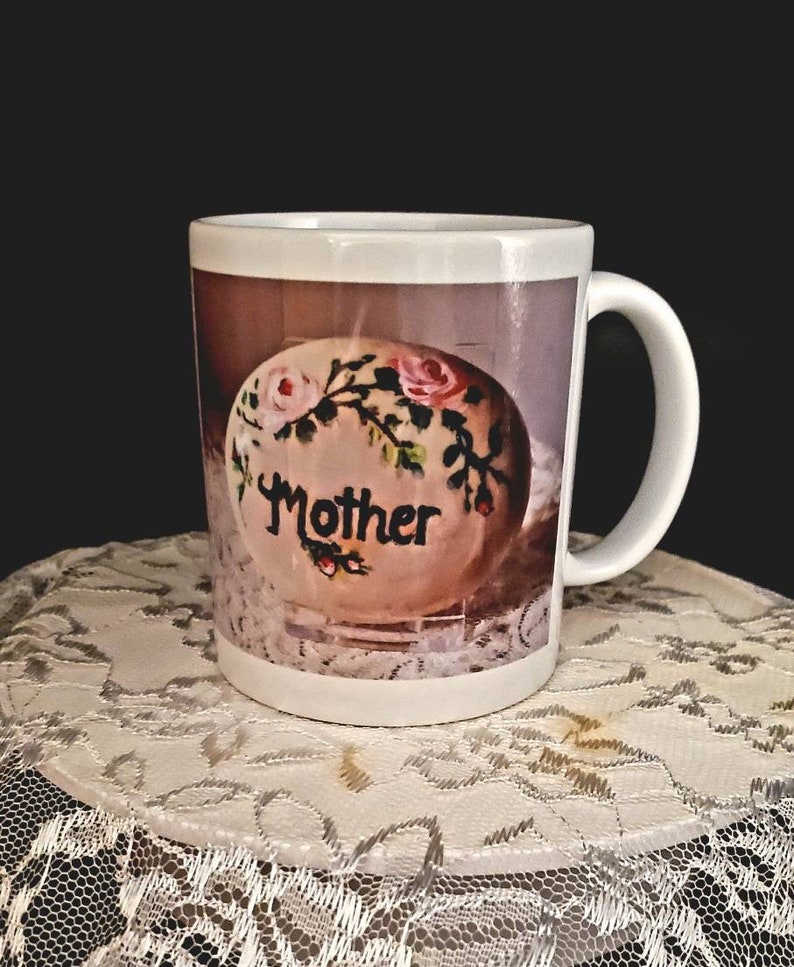 Handmade coffee cup 11 oz, painted Mother and Love cup, hand painted decorative coffee or tea cup, home decor gift, gift for coffee lovers, image 1