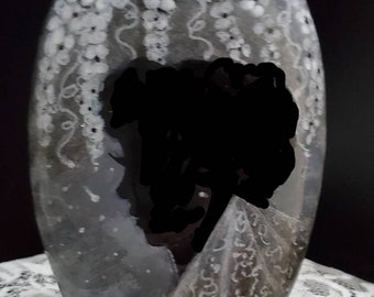 Bridal Dream Rock, Handmade Black and White Silhouette Bride  with Veil and hanging flowers, Original Bride Design Under White Floral Vines
