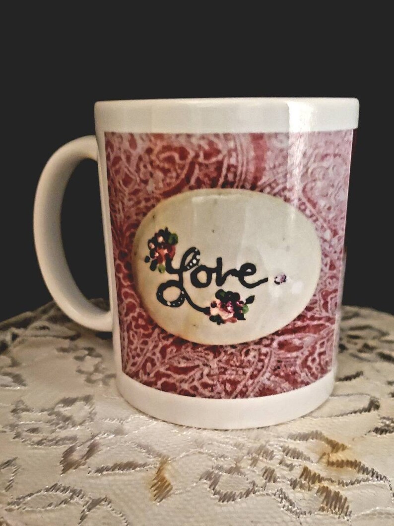 Handmade coffee cup 11 oz, painted Mother and Love cup, hand painted decorative coffee or tea cup, home decor gift, gift for coffee lovers, image 2