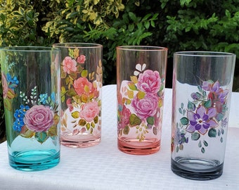 Painted Coastal Misty multi-colored drinking glasses with roses, gifts for mom, hand painted gifts for her, gifts for wedding,  Choose 1-2