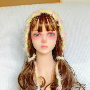 Kawaii Pastel Fuzzy Knit Bonnet – Handmade Soft Lolita Hood, Sweet Girl Fairycore Headscarf, Y2K Vintage Hair Wrap