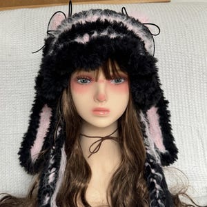 Kawaii Black Pink Fuzzy Bunny Ear Hat–Handmade Soft Winter Lolita Animal Hood,Fairycore Cosplay Hooded Scarf,Unique Gift for Women and Girls