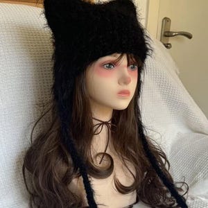 Fluffy Black Cat Ear Beanie with Blue Accents, Soft Warm Winter Knit Hat, Unisex Cute Animal Ears Cap, Handmade Fuzzy Beanie