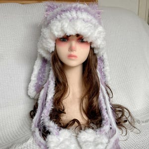 Cute Fluffy Bunny Ear Hat – Kawaii Purple White Winter Hood with Pom Poms, Women&#39;s winter warm hat, violet hat, Thanksgiving gift