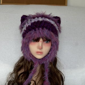 Handmade Purple Furry Cat Ear Hat – Fluffy Crochet Animal Ear Hood with Long Ties, Kawaii Harajuku Cosplay Winter Accessory