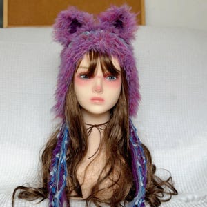 Fairy Kei Fluffy Cat Ear Hat – Pastel Purple Furry Hood with Long Braided Ties, Magical Girl Kawaii Cosplay Winter Accessory