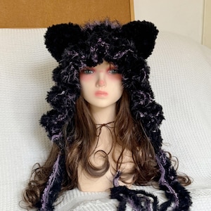 Handmade Fuzzy Cat Ear Hat – Black Purple Fluffy Kawaii Hood, Harajuku Cosplay Winter Warm Cap