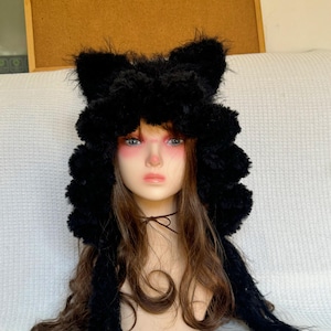 Rave Hat Handmade Cat Ear Hat Cute Winter Warm Plush Animal Ear Hat Role Play Costume Accessory Black Wool Blend Hat