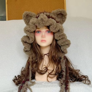 Kawaii Bear Ear Plush Hat – Lolita Cosplay Fluffy Hood, Cute Anime Style Furry Winter Hat with Long Ties，Winter Accessory Gift