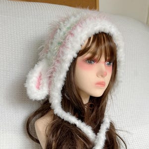 Fluffy Pastel Pink White Lamb Ear Beanie, Handmade Furry Hood, Soft Winter Bonnet, Unique Cute Animal Ear Hat, Cozy Knitted Cap for Girls
