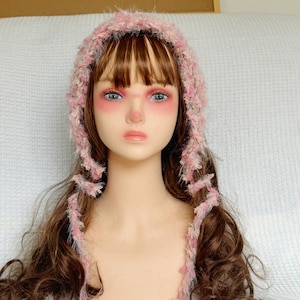 Handmade Lolita Floral Knit Bonnet – Handmade Fuzzy Lace Headscarf, Sweet Soft Girl Hair Wrap, Kawaii Vintage Lolita Hood Hat
