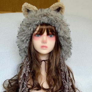 Handmade Gray Furry Cat Ear Hat – Fluffy Animal Ears Hood with Braided Tassels, Kawaii Cosplay Winter Warm Hat