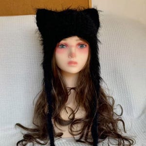 Fluffy black cat ear hat with a hat string embellishment,soft and warm winter knitted hat,cute animal ear hat for men and women,handmade hat