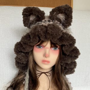 Handmade Crochet Cat Ear Hood Beanie Kawaii Winter Warm Fuzzy Animal Ears Hat Cosplay Costume Accessory Grey Brown Wool Blend Hood