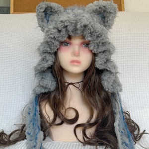 Fluffy Wolf Ear Hat – Handmade Furry Animal Hood, Cute Cosplay Costume Winter Warm Plush Hat with Long Paws Scarf