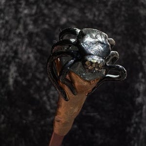 以下が含まれることがあります： 詳細な昆虫のようなデザインが施された、手作りの濃い色のボトルストッパー。ストッパーはメタリックな仕上がりで、複雑なディテールと銅色のステムが付いています。デザインはファンタジーの生き物を連想させます。