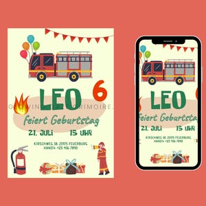 Feuerwehr Einladung Kindergeburtstag – Digitale Canva Vorlage zum Bearbeiten & Drucken – WhatsApp Kinder Einladung PDF - Feuerwehr-Motto