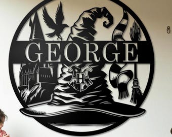 Personalized Wizard Hat Metal Wall Art: Custom Name Kids Room Decor, Wizard School Custom Name Decor, Magical World Personalized Sign Gifts