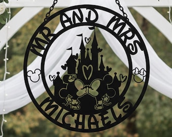 Personalized Disney Wedding Gift Mr & Mrs Metal Sign Custom Last Name Castle Wall Art Mickey Minnie Kissing Decor Bridal Shower Anniversary