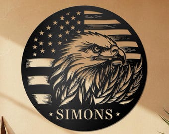 Personalized American Eagle Metal Wall Art Custom Last Name Sign Patriotic Family Name Plaque Outdoor Housewarming Gift Veterans Day Decor