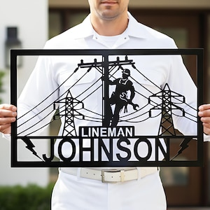 Personalized Lineman Name Sign | Metal Line Worker Gift | Electrician Decor for Home Garage Workshop | High Voltage Power Pole Art