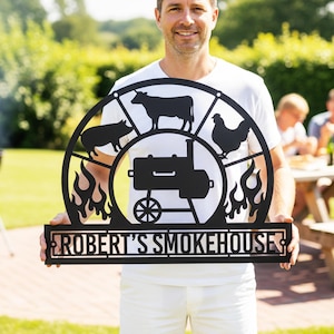 May include: Black metal sign with the text "ROBERT'S SMOKEHOUSE" and a circular design featuring a cow, pig, and chicken above a smoker grill. Flames are on either side of the grill. The sign is held by a person in a white shirt.