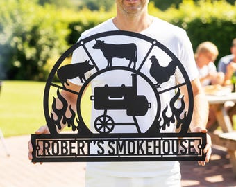 Letrero de metal personalizado para barbacoa, decoración de pared para ahumadero, regalo para papá, padrinos de boda, arte de cocina al aire libre, Día del Padre, maestro de la parrilla