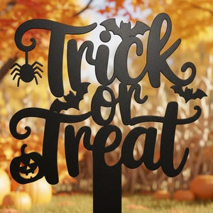 May include: Black metal Halloween yard sign with the words "Trick or Treat" in a decorative font. The sign features a spider, bats, and a jack-o'-lantern. The sign is designed to be placed in a yard or garden.