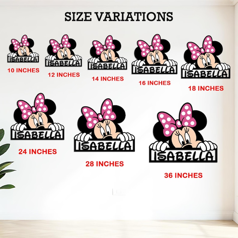 May include: A collection of Minnie Mouse-themed wall decorations in various sizes, ranging from 10 to 36 inches. Each features a black silhouette of Minnie with a pink polka-dot bow and the name "ISABELLA" in a white font.