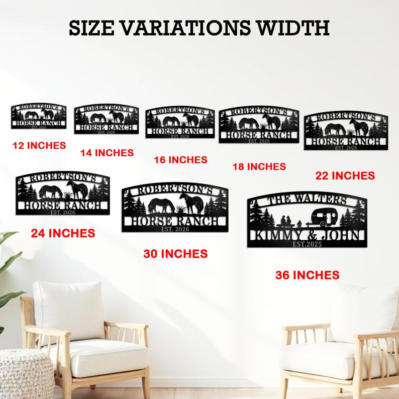 May include: A display of metal signs with various widths, showcasing a horse ranch theme. The signs range from 30 cm to 91 cm wide, with the text "Robertson's Horse Ranch" and "The Walters" displayed. The signs are black.