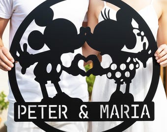 Custom Disney Couple Metal Sign, Mickey Minnie Welcome Name Plaque, Anniversary Wedding Gift, Housewarming Valentine's Day Gift for Him Her