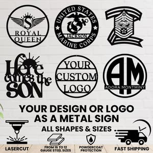 Könnte beinhalten: Schwarze Metallschilder mit verschiedenen Designs, darunter eine Krone mit Flügeln, ein Marine Corps-Emblem und eine Option für ein individuelles Logo. Die Schilder sind lasergeschnitten und in allen Formen und Größen erhältlich.