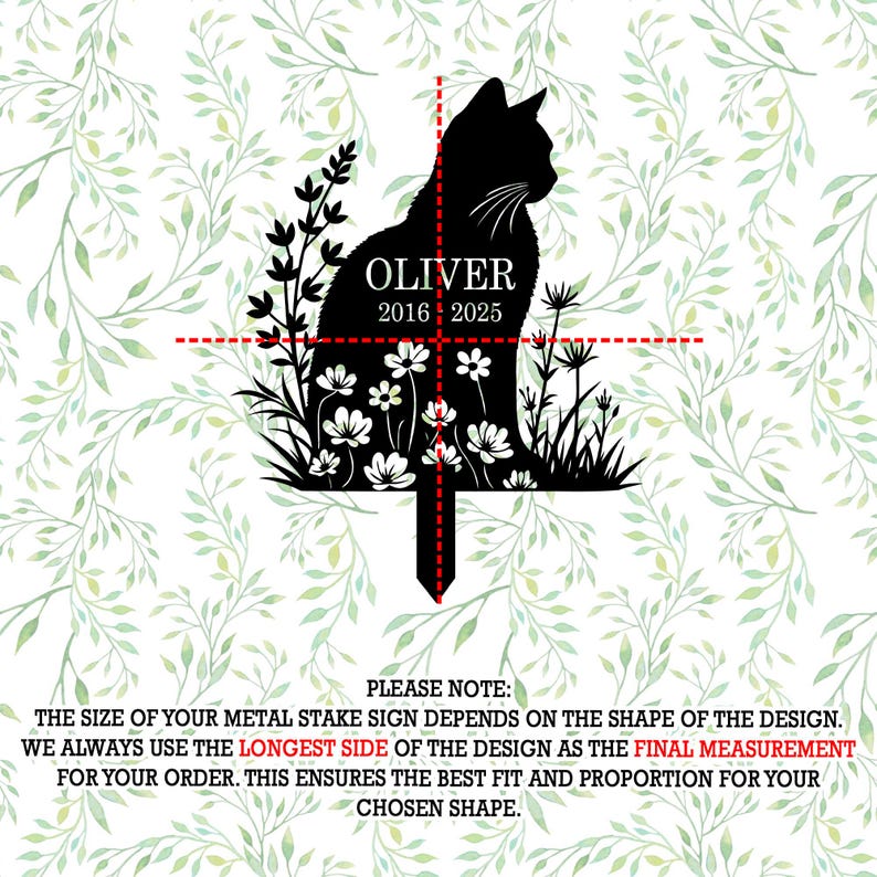 Puede incluir: Estaca de jard&iacute;n de metal negro con silueta de gato con el nombre "Oliver" y las fechas "2016-2025". El gato est&aacute; rodeado de dise&ntilde;os florales y vegetales. La estaca tiene una punta para facilitar su colocaci&oacute;n.