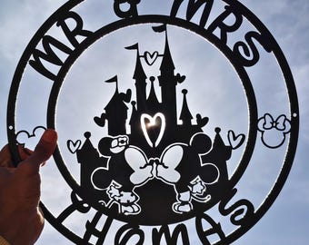 Custom Couple Disney Castle Sign Personalized Mr & Mrs Wedding Wall Decor Anniversary Gifts Family Name Disney Decor Mickey Minnie Kissing