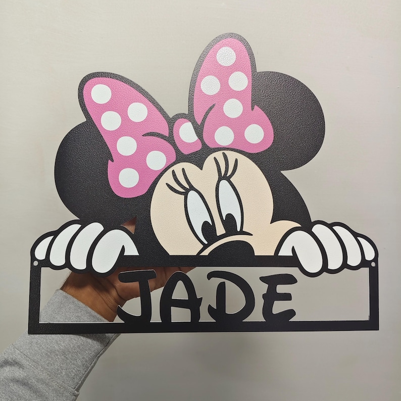 Disney Minnie Mouse Name Sign UV Printed Metal Kids Bedroom Door Decor, Personalized Nursery Wall Art, Custom Gift for Girls Birthday image 2
