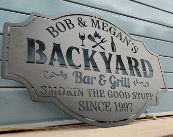 Custom Backyard BBQ Metal Sign, Personalized Family Name Bar Sign, Outdoor Family Party Decor, EST Bar Sign, Smokehouse Grill Sign, Dad Gift