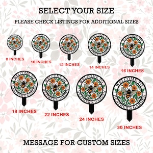 May include: A collection of nine circular metal garden stakes featuring a bee and flower design with the text WELCOME TO HEATHER'S GARDEN. Sizes range from 8 inches to 30 inches as labeled. The text SELECT YOUR SIZE and MESSAGE FOR CUSTOM SIZES is included.