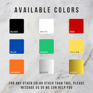 Puede incluir: Imagen que muestra una carta de colores con nueve muestras de color: negro, blanco, rojo, azul, verde, amarillo, naranja, plateado y dorado. El texto en la parte superior dice "COLORES DISPONIBLES". Texto adicional anima a los clientes a enviar un mensaje para otros colores.