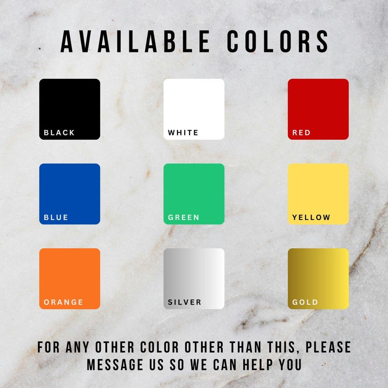Puede incluir: Imagen que muestra una carta de colores con nueve muestras de color: negro, blanco, rojo, azul, verde, amarillo, naranja, plateado y dorado. El texto en la parte superior dice "COLORES DISPONIBLES". Texto adicional anima a los clientes a enviar un mensaje para otros colores.