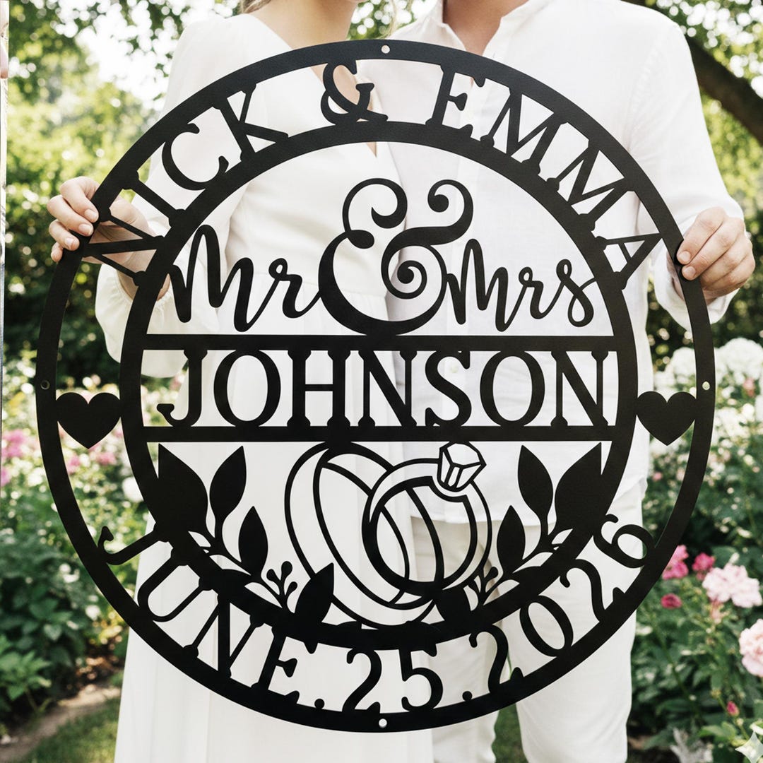 Personalized Mr & Mrs Metal Wedding Sign Custom Last Name Date Wall Decor Anniversary Gift for Couple Bridal Shower Outdoor Entryway Plaque - 10x10 Inches, Black