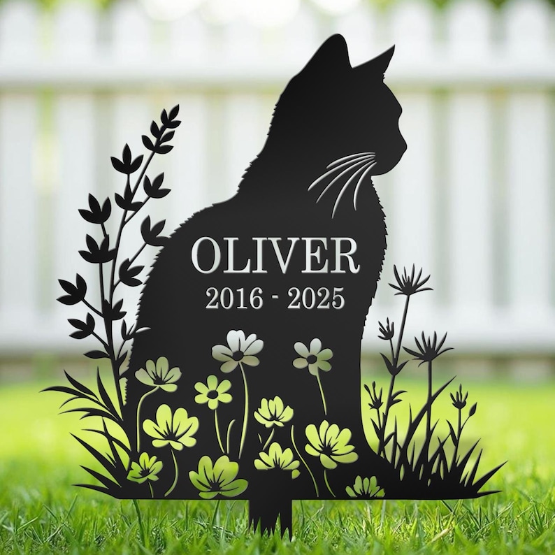 Marcador de tumba personalizado para gatos: Estaca de metal para jardín conmemorativa para mascotas, decoración para mascotas fallecidas, nombre imagen 3