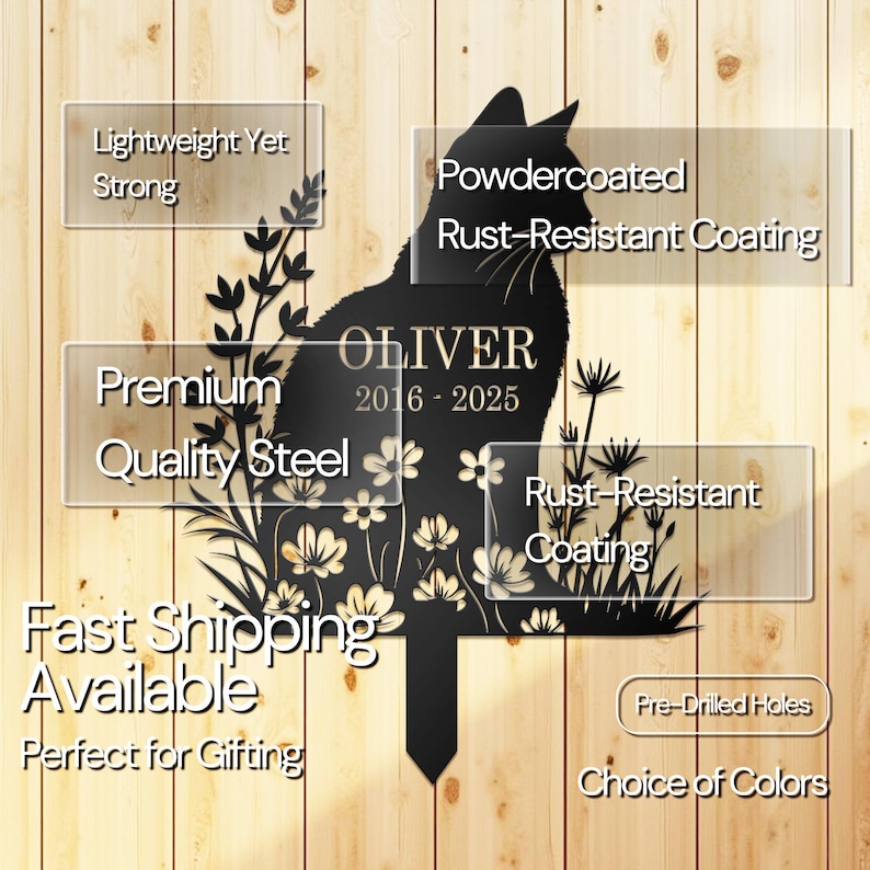Puede incluir: Estaca de jard&iacute;n con silueta de gato de metal negro con el nombre "OLIVER" y las fechas "2016-2025". La estaca presenta detalles florales y vegetales, y el texto "Ligero pero resistente" y "Acero de calidad superior".
