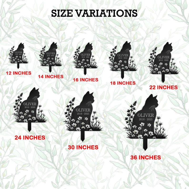 Puede incluir: Estacas de jard&iacute;n de metal negro con silueta de gato y detalles florales. Disponibles en varios tama&ntilde;os, de 30 cm a 91 cm. Cada estaca presenta el nombre "OLIVER" y los a&ntilde;os "2016-2025".