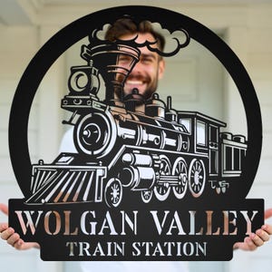 Custom Name Train Station Metal Sign, Steam Engine Wall Art, Railroad Themed Home Decor, Garage Cabin Sign, Gift for Dad, Custom Train Decor