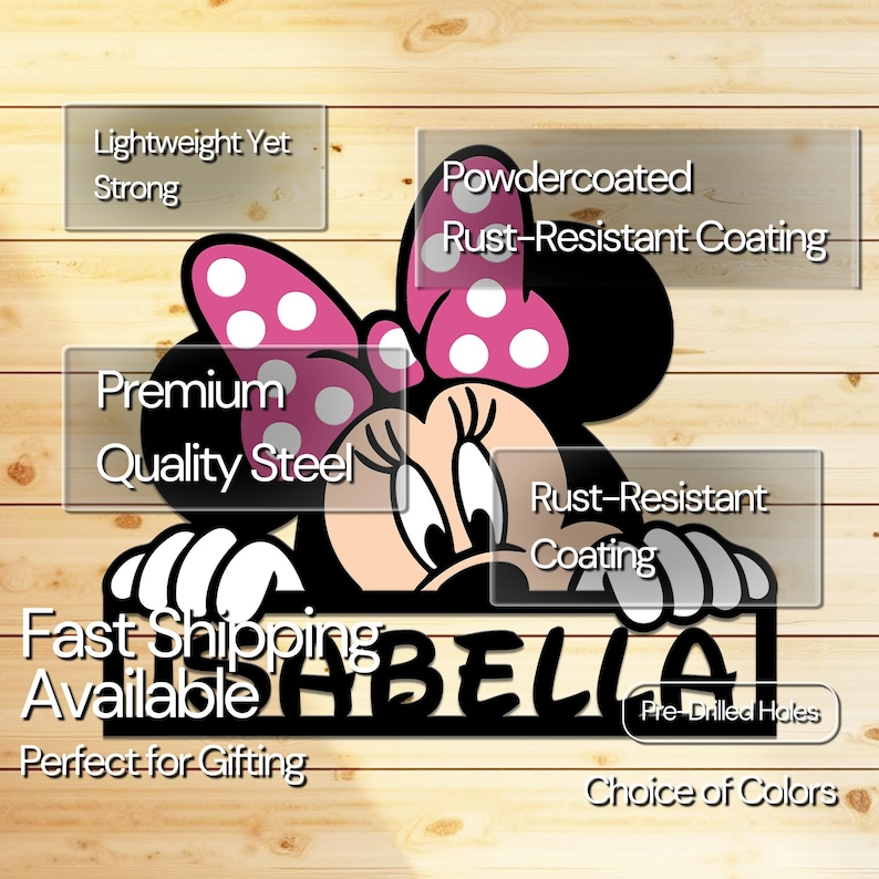 May include: A black metal Minnie Mouse-themed sign with the name "ISABELLA" cut out. The sign features a pink bow with white polka dots and is made of premium quality steel with a rust-resistant coating. The sign has pre-drilled holes.