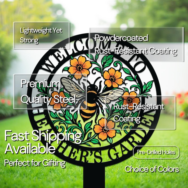 May include: A circular black metal garden sign featuring a central bee illustration surrounded by orange flowers and green leaves. The text WELCOME TO HER GARDEN is cut out along the border. The sign includes a stake and pre-drilled holes.
