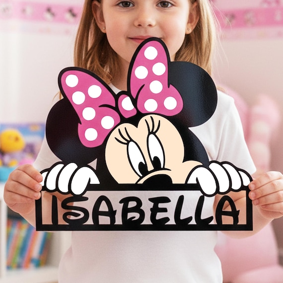 Disney Minnie Mouse Name Sign UV Printed Metal Kids Bedroom Door Decor, Personalized Nursery Wall Art, Custom Gift for Girls Birthday